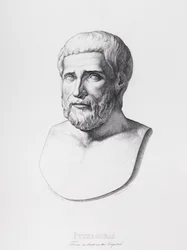 Porträtt av Pythagoras (ca 580-500 f.Kr.) graverad av B. Barloccini, 1849